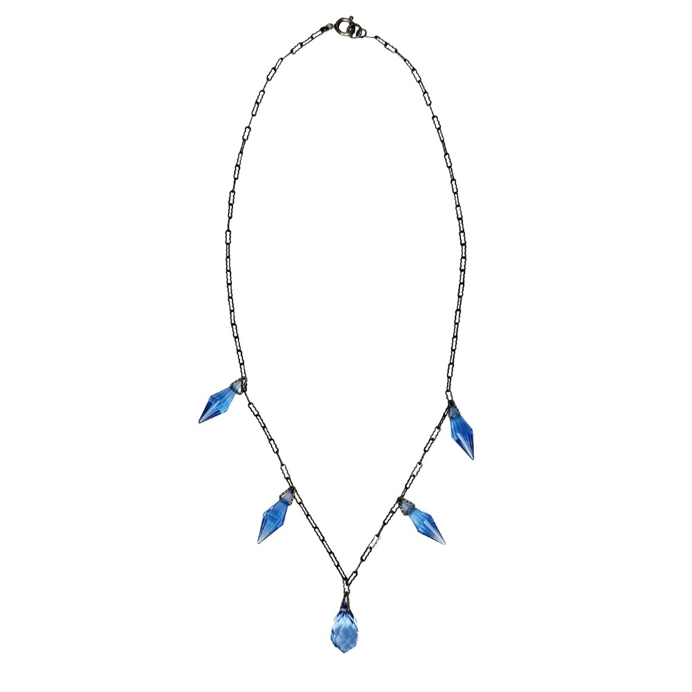 VINTAGE 1920's Art Deco Glass Drops Choker Necklace • blue, aged gold tone